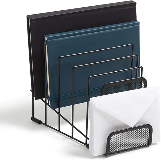 1InTheOffice Metal Incline Desktop File Sorter, Black Wire Mesh Step Sorter, 6 Compartments