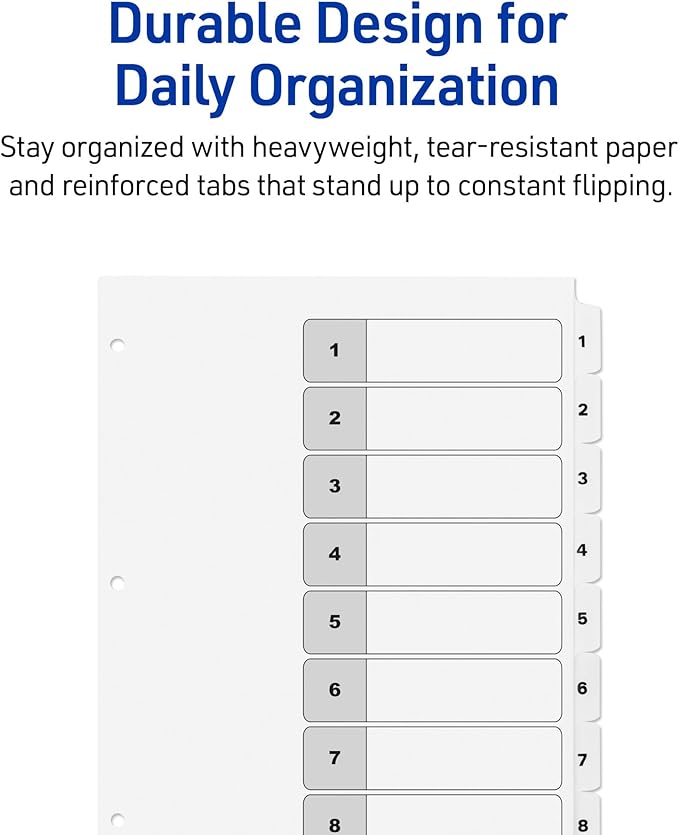 Avery Dividers for 3 Ring Binders, 8 Tabs per Set, Customizable Table of Contents, Classic White Tabs, Great for Organizing Reports, Projects, and More (3 Sets of 11076)