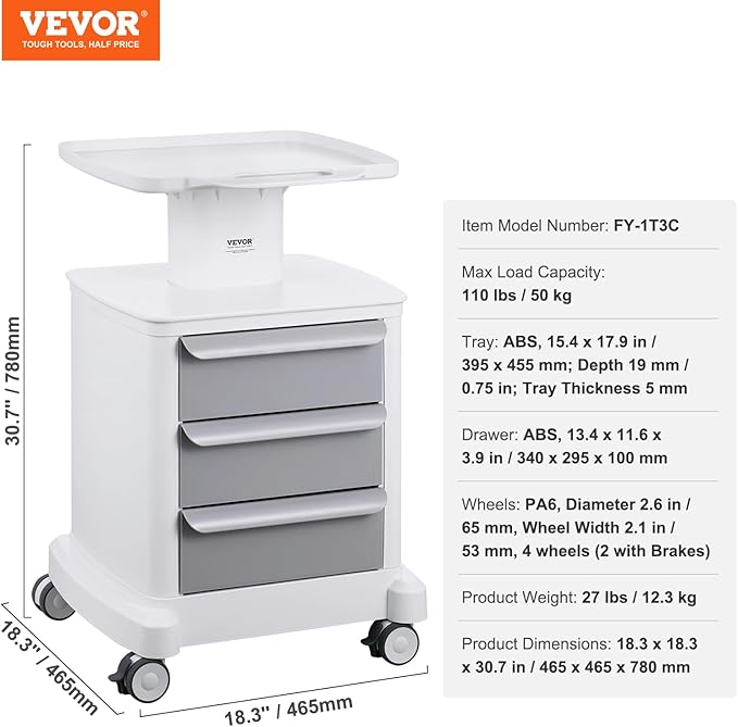 VEVOR 4 Tiers Lab Carts, Lab Utility Cart with 3 Drawers & 1 Top Tray, Mobile Medical Cart with ABS Material, Lab Rolling Cart with 4 Silent Wheels for Lab, Clinic, Hospital, Salon, White