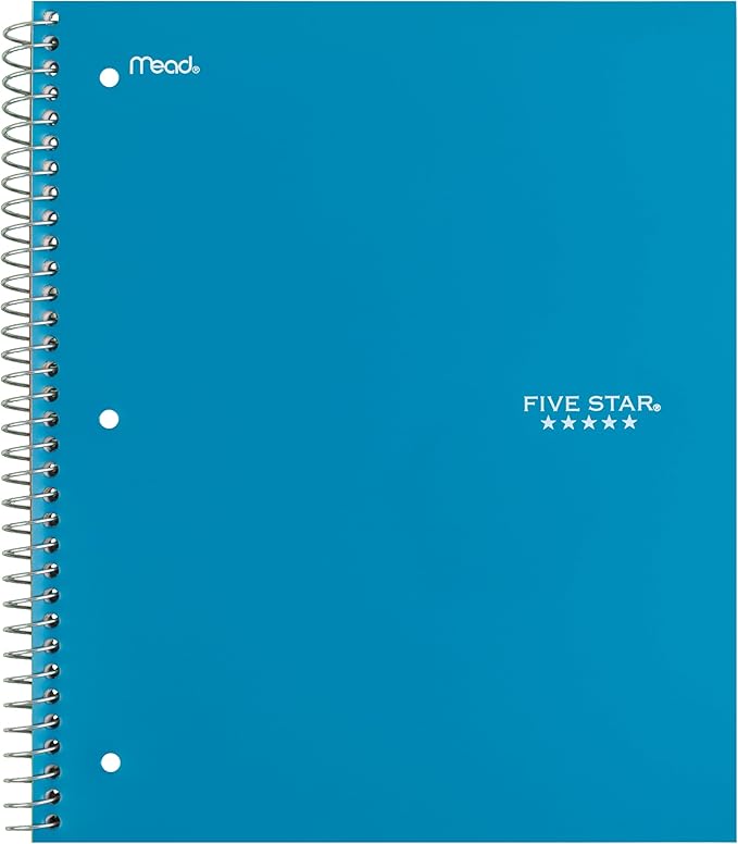 Five Star Spiral Notebook + Study App, 4 Pack, 1 Subject, Wide Ruled Paper, 8" x 10-1/2", 100 Sheets, Fights Ink Bleed, Water Resistant Cover, Purple, Pink, Gray and Blue (930105-ECM)