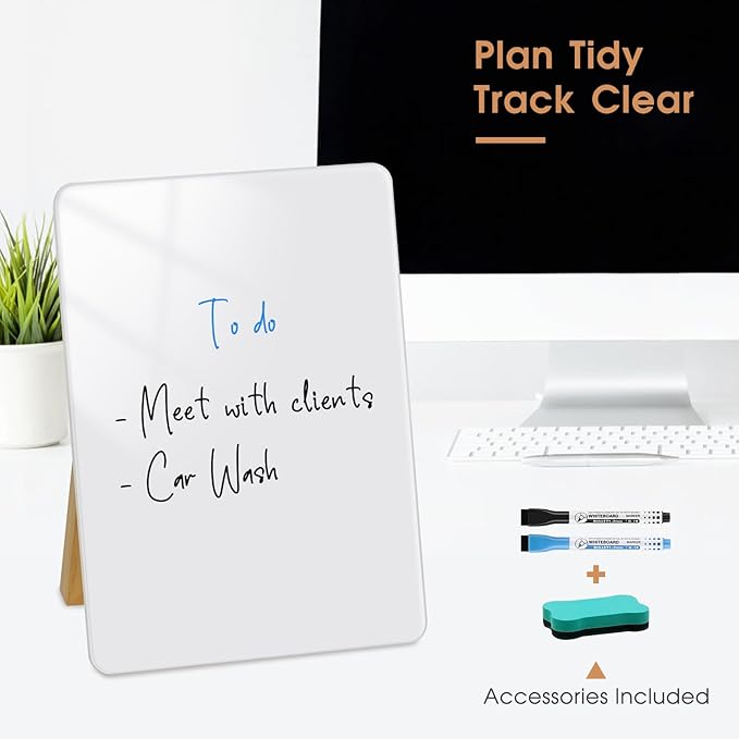 Desktop Glass Dry Erase Board, Small Glass Whiteboard with Adjustable Wood Stand - Reusable Desk Notepad 9.5" x 6.7" for Home Office
