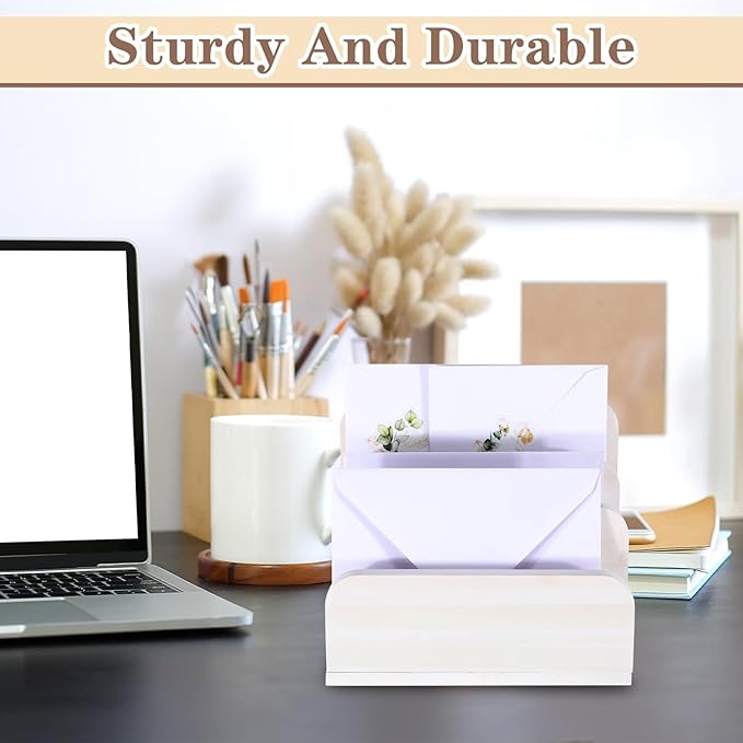 Wooden Mail Holder 3 Slots Mail Organizer for Desk Wood File Paper Letter Sorter for Letter Envelope Filing Cell Phone Document Storage, Organizer Tray for Office and Home (White)