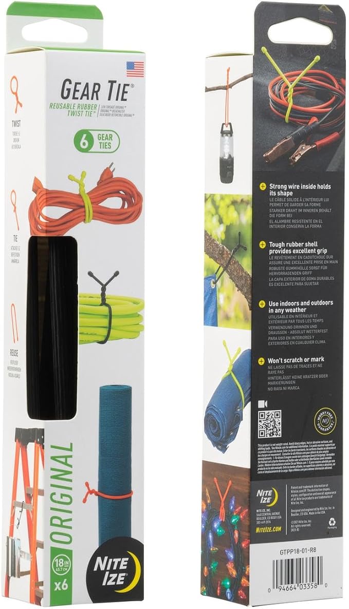 Nite Ize Original Gear Tie - 18-Inch Reusable Rubber Twist Gear & Zip Ties - Electric Cord Organizers - Black, 18-Inch, 6 Pack