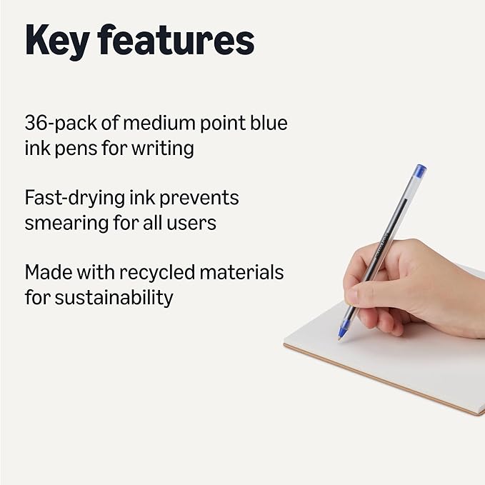 Amazon Basics Ballpoint Pens, Medium Point 1.0mm, Blue Ink, 36-Pack