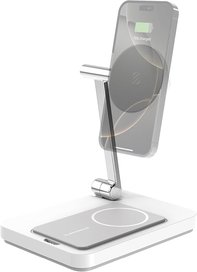 Scosche MSQSPBWT Wireless Charging Station with Removable 5,000mAh Fast USB-C Portable Power Bank for MagSafe iPhone 16/15/14/13/12/AirPods Pro with Apple Watch Charger Stand (Watch Charger Not Incl.)