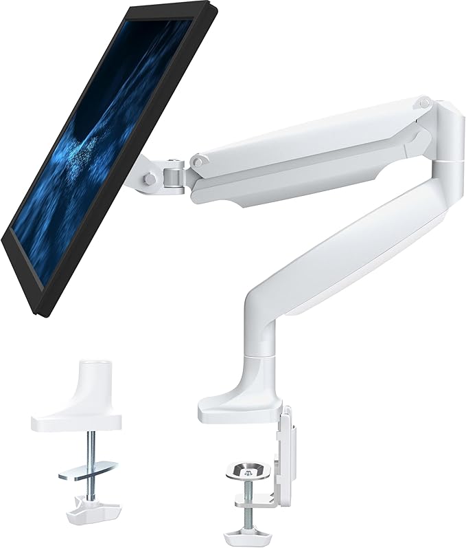 VIVO Premium Aluminum Height Adjustable Single Monitor Articulating Desk Mount Stand with Pneumatic Arm, Fits up to 32 inch Screen, White, STAND-V001QW