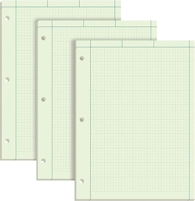 TOPS Engineering Notebooks, Graph Notebooks, 3 Pk Quad Ruled Pad, 8-1/2" x 11", Glue Top, 5 x 5 Graph Rule on Back, Green Tint Paper, 3-Hole Punched, 100 Sheets per Pad (35507A)