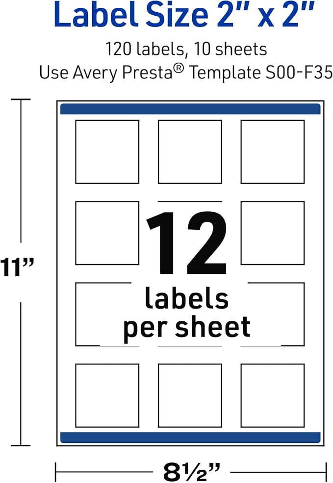 Avery Printable Square Labels with Sure Feed Technology, Pre-Printed Silver Mirror Metallic Design, Matte White, 2" x 2", Laser & Inkjet Compatible, 120 Total