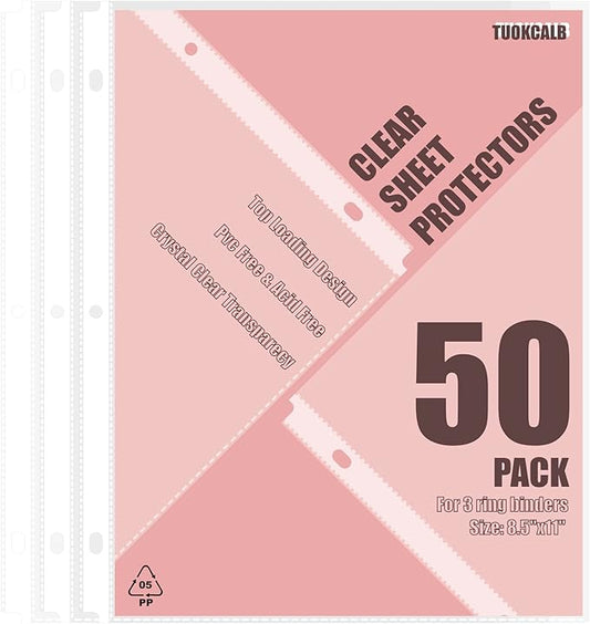 50 Pack Clear Sheet Protectors for 3 Ring Binder, Polypropylene Acid-Free Material, 8.5 x 11 Inch Letter Size, Protector of Your Documents