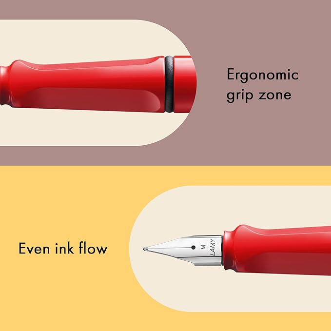 LAMY safari red - Fountain Pen with ergonomic grip & polished steel nib in size B - ideal for any Writing & Calligraphy - including LAMY T 10 blue cartridge - Right-Handed