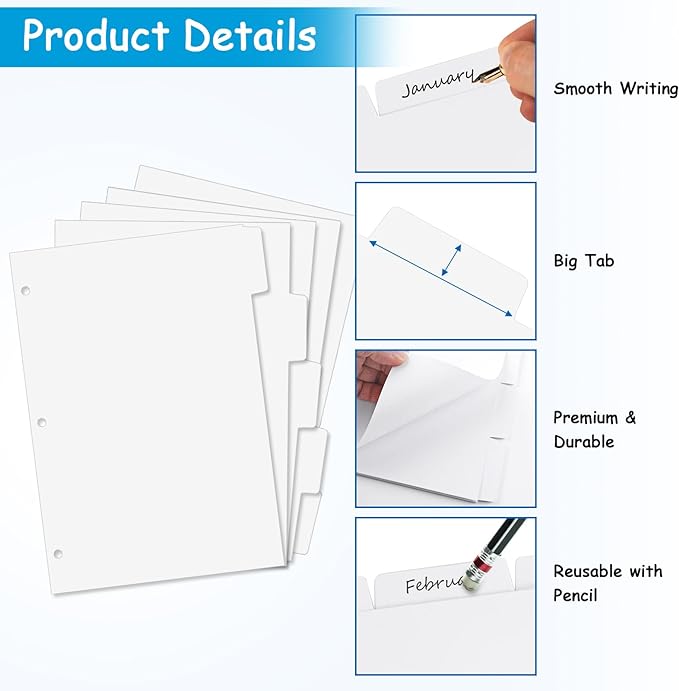 Binder Dividers for 3 Ring Binder, 1/5 Cut Tabs, Letter Size, Blank Write On Page Dividers with 5 Big Tabs for School Office Home, 4 Sets, 20 Dividers, White