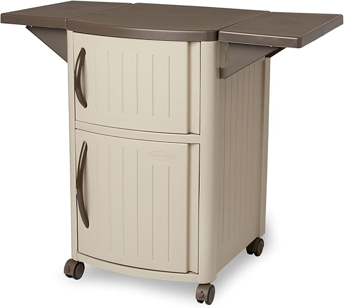 Suncast Serving Station Patio Cabinet, Portable Grill Prep Table, Light Taupe & Mocha - Includes Side Shelves, Storage Cabinets, Server Tray and Wheels for Outdoor BBQ Grilling and Backyard Dining