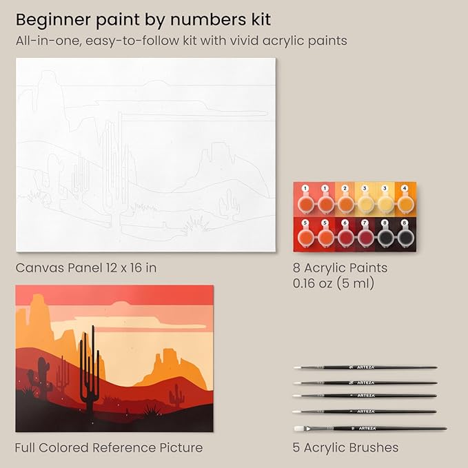 ARTEZA Paint by Number for Adults, 12x16 Inches, 21 Pieces, Desert Paint by Numbers Kit, Comes with 1 Canvas Panel, 12 Acrylic Paint Pots, 5 Paintbrushes, Art Supplies for Home & Office Wall Decor