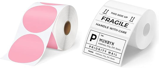 MUNBYN 3" Pink Circle & 3x2" White Thermal Sticker Labels - 1000 Count (500 Pink, 500 White) - Compatible with Munbyn, Rollo, Idrpt & More