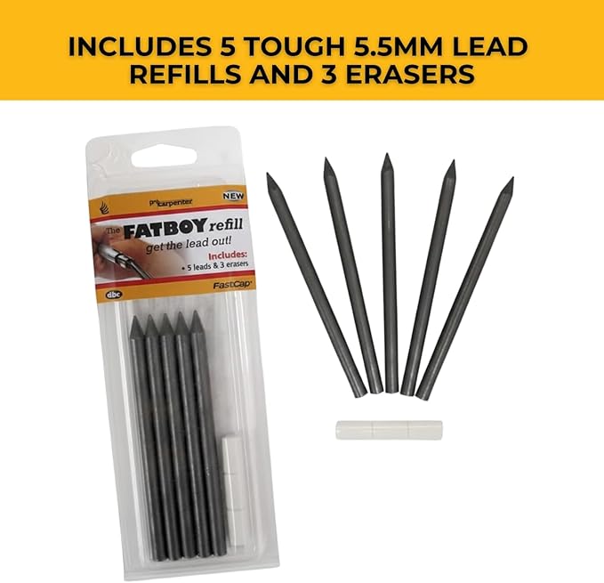 FastCap Fatboy Refill with 5 Replacement Leads and 3 Erasers - Perfect for Architecture Supplies and Construction Tools for Home Improvement - 5.5 mm HB2 Lead - 01018