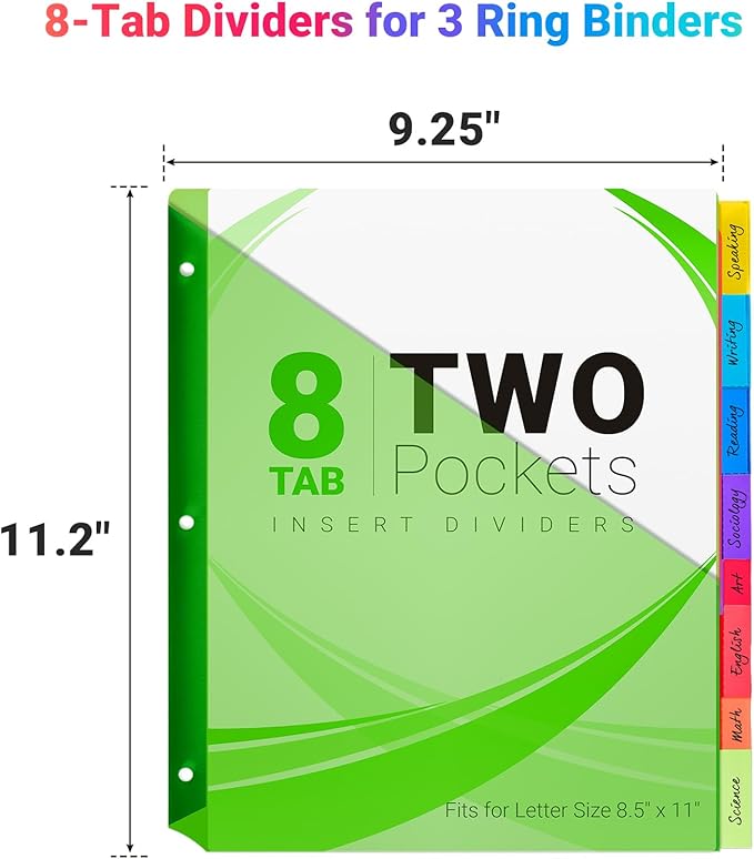 8-Tab Dividers for 3-Ring Binders, 8 Counts Dividers with 2 Pockets, Insertable 8 Tabs Binder Divider for 1/2''/1''/2''/3'' inch Binders, 8 Colors (1)