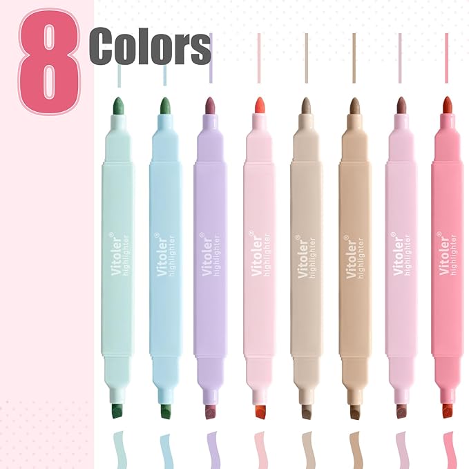 Vitoler Highlighters,Pastel Colors Bible Highlighters 8pcs,Chisel & Fine Tips Cute Highlighter for School Office Supplies