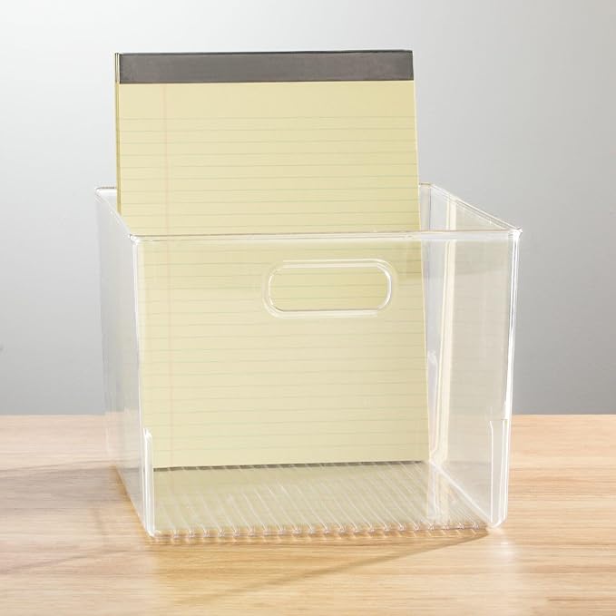 mDesign Large Plastic Office Storage Organizer Container Bin with Handles - Basket for Cabinet, Cupboard, Desk, Closet and Shelf Organization - Holds Notebook, Books - Ligne Collection, 8 Pack, Clear