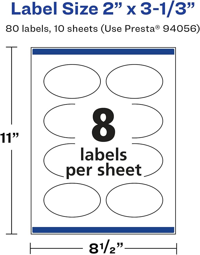 Avery Glossy White Oval Labels, Sure Feed Technology, 2" x 3-1/3", 80 Glossy White Labels, Print-to-The-Edge, Permanent Adhesive, Laser/Inkjet Printable