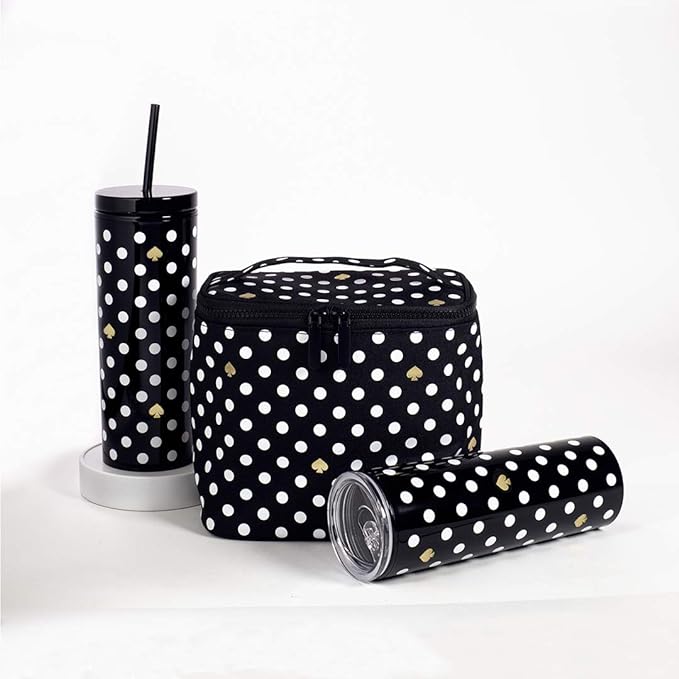 kate spade new york Insulated Soft Cooler Lunch Tote with Double Zipper Close and Carrying Handle, Polka Dots (Black/White)