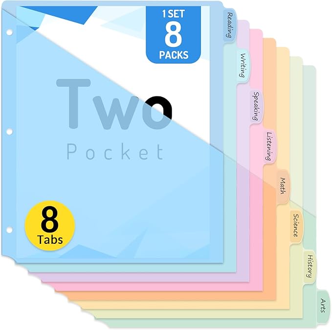 Forvencer 8 Count Dividers with Two Pockets, 8 tab Binder Dividers for 3 Ring Binder Organizer, Binder Divider with Tabs for School Office and Home, 1 Set