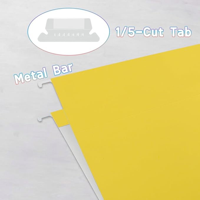 25 Packs Hanging File Folders,5 Assorted Colors,Letter Size 8.5x11,Hanging File Folders with 1/5-cut Tabs,File Folders for Filing Cabinet with Tabs,Designed for Bulky Files,Ideal Office,School