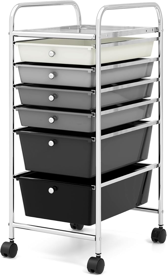 COSTWAY 6-Drawer Rolling Storage Cart, Multifunctional Art Craft Tools Organizer on Wheels, Heavy Duty Utility Mobile Storage Trolley w/ 2 Lockable Wheels for Home Office School, Mixed Black