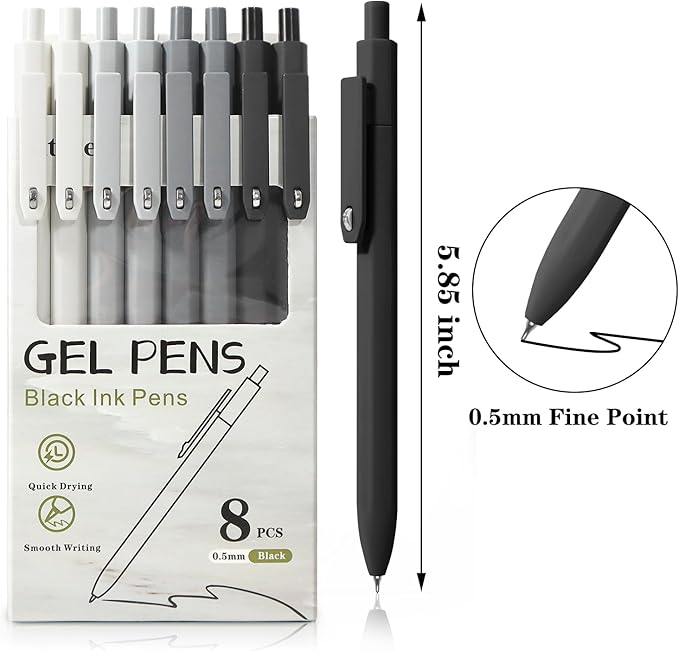 Black Gel Pens, 8Pcs Fine Point Black Ink Smooth Writing Pens for Journaling, Nurse Aesthetic Cute Office School Supplies, Gifts for Women and Men(8Pcs Black White Grey-Black Ink)