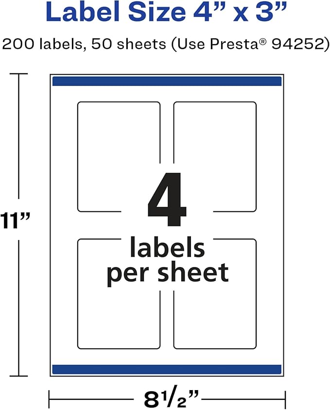 Avery Glossy White Rectangle Labels, Sure Feed Technology, 4" x 3", 200 Glossy White Labels, Print-to-The-Edge, Permanent Adhesive, Laser/Inkjet Printable
