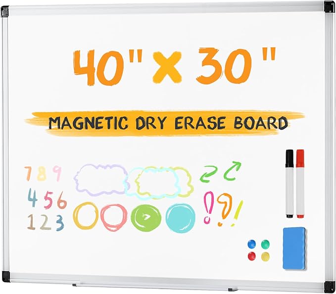 NEWBULIG 40"×30" Magnetic Dry Erase Board – Wall-Mount Whiteboard with Aluminum Frame & Accessory Kit for Office, Home, School