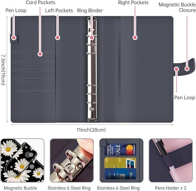 Budget Binder, Cute A6 Money Saving Binder with Zipper Envelopes, PU Leather Money Organizer for Cash, Expense Budget Sheets and Cash Envelopes for Budgeting White Daisy