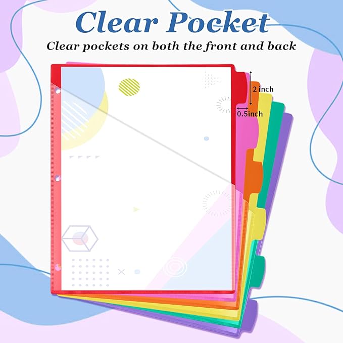 Epakh 12 Pcs Binder Dividers for 3 Rings Binders Index Dividers with Two Clear Pockets Plastics Sheets Protectors with Tab Labels for School Office Organization (Colorful)