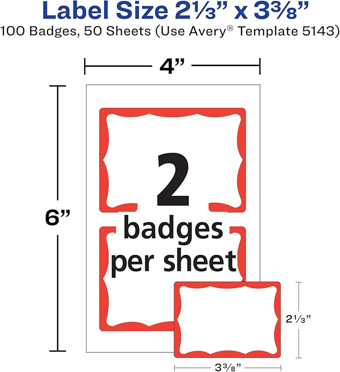 Avery Customizable Name Tags, 2-1/3" x 3-3/8", White with Red Border, 100 Removable Name Badges (05143)