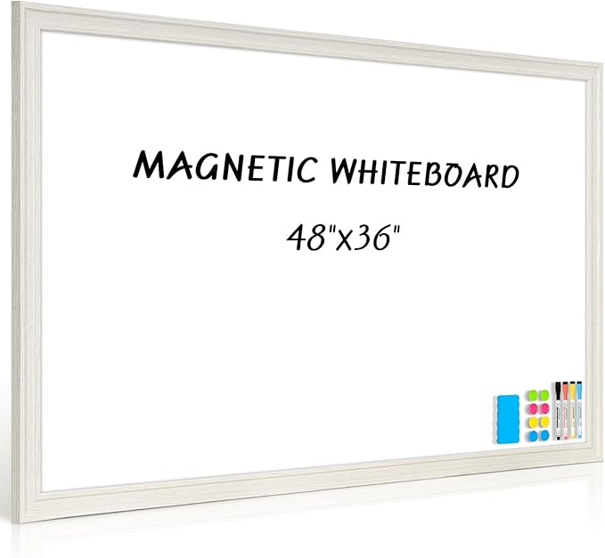 Lager White Board for Wall, 48''x36'' Magnetic Dry Erase Board, 4'x3' Decorative Whiteboard with White Vintage Wooden Frame, Hanging Writing Board for Home Office School Classroom