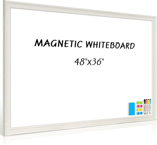 Lager White Board for Wall, 48''x36'' Magnetic Dry Erase Board, 4'x3' Decorative Whiteboard with White Vintage Wooden Frame, Hanging Writing Board for Home Office School Classroom