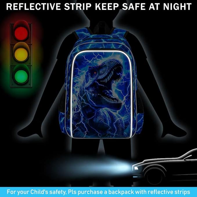 KLFVB 3PCS Boys Backpack Set, 17" Dinosaur Bookbag and Lunch Box, Water Resistant Teenagers School Backpacks for Middle Elementary - Lightning T-Rex