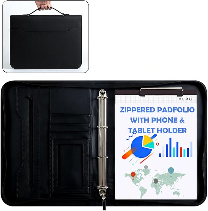 3-Ring Portfolio Binder, Zippered Folder with Writing Pad, PU Leather with Pockets, Professional Organizer with Laptop Sleeve and Folder (Black)