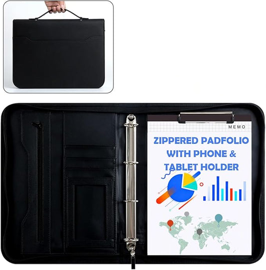3-Ring Portfolio Binder, Zippered Folder with Writing Pad, PU Leather with Pockets, Professional Organizer with Laptop Sleeve and Folder (Black)