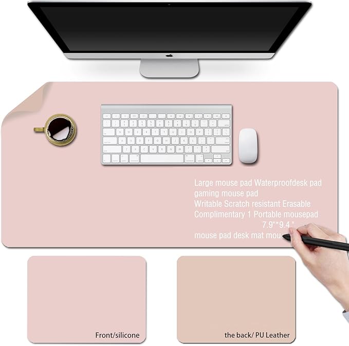 Erasable writable(Frontside) Table mat,Dual Sided Desk Mat, Large Mouse Pad, Notepad, Writing White Board (Includes 7.9"x9.4" Portable Mousepad) (Pink/Light Pink, L:35" x 17"（90 * 43cm）)