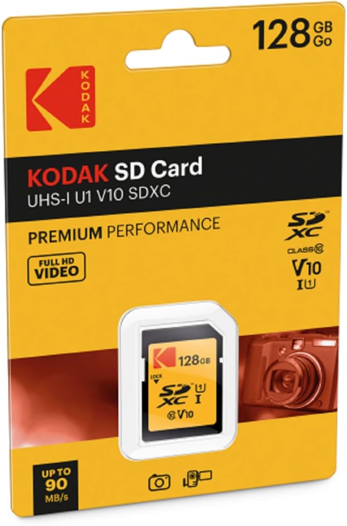 Kodak SDXC Card 128GB UHS-I U1 V10 Premium, up to 85MB/s Read Speed, for Full HD Video and High-Resolution Pictures, Compatible with SDXC Standard - EKMSD128GXC10K