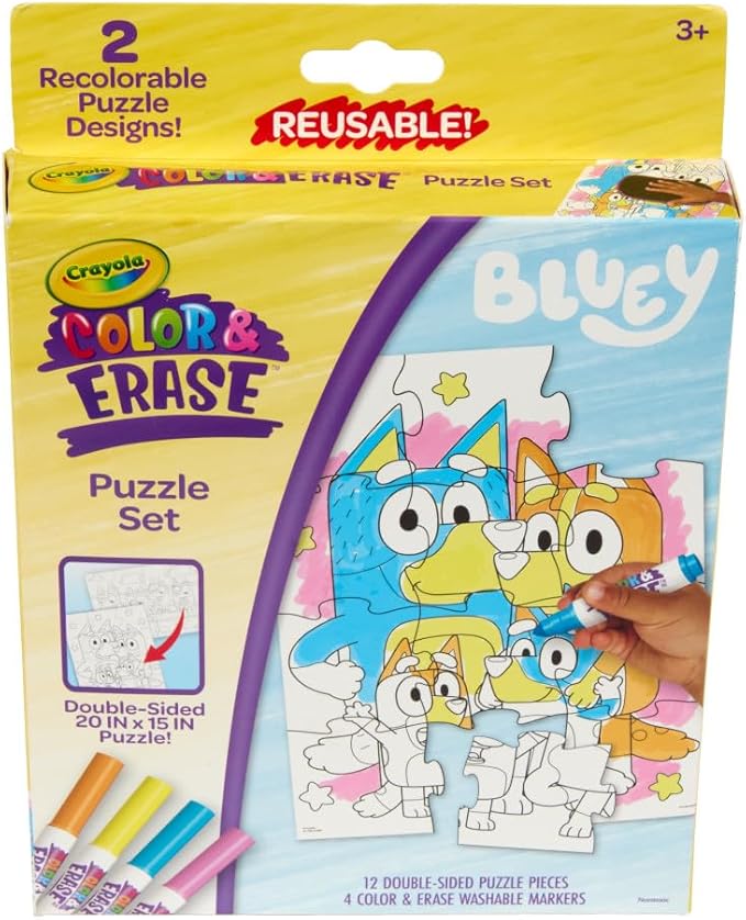 Crayola Color & Erase Bluey Puzzle Set, 12 Color in Puzzle Pieces, Reusable, Double Sided Kids Puzzle, Bluey Gift for Kids, 3+