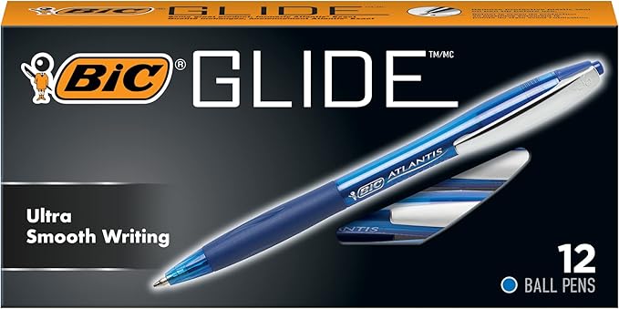 BIC Glide Retractable Ball Pen, Medium Point (1.0 mm), Blue, Comfortable Rubber Grip For Smooth Writing, 12-Count (Pack of 18, 216 Count Total)