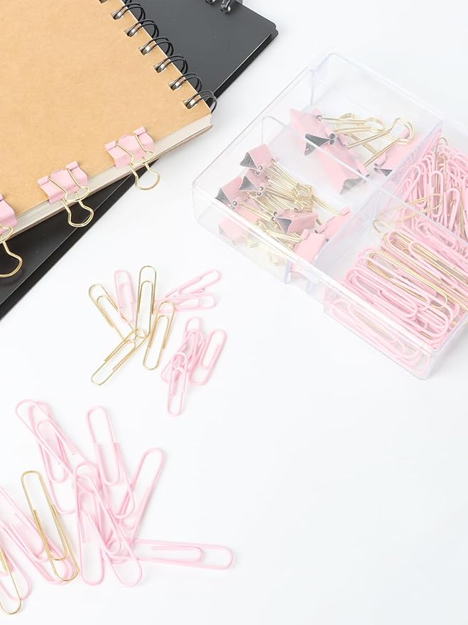 LIONSOUL Paper Clips Binder Clips Assorted Size, 165 Pcs, Cute Paperclips for Document Organizing, Colored Binder Clips Paper Clips Set for Office, School, Home Supplies (Pink)