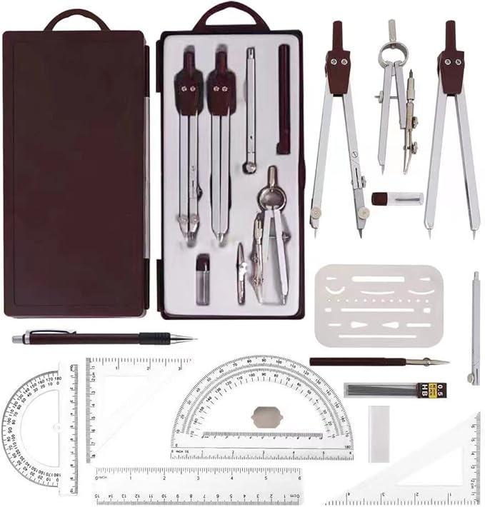 Compass for Geometry Drafting Tools 16 pcs Geometry Set Metal Rulers and Compasses for Architecture and Students Geometry Set for School Protractor and Compass Ruler Set and Geometry Compass W.8.5oz