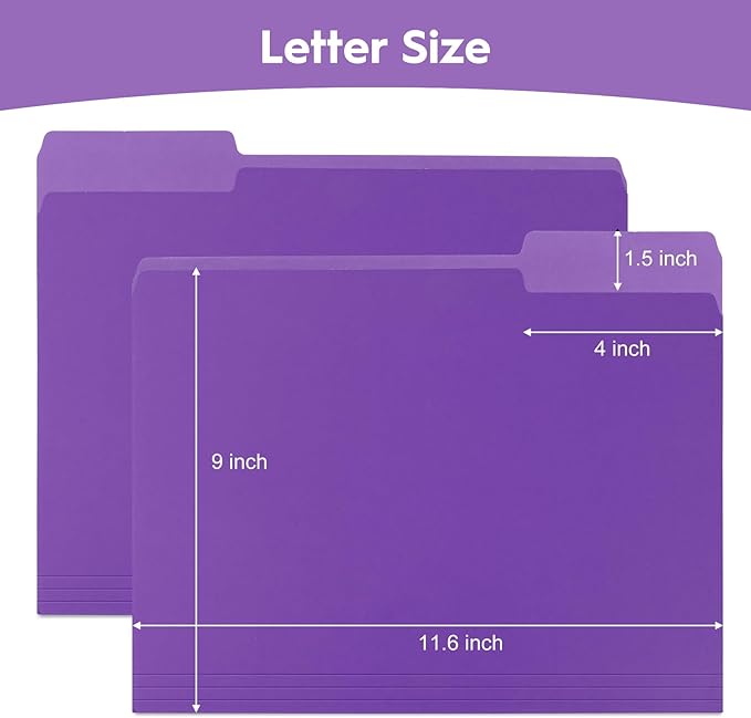 100-Pack Color File Folders, 1/3 Cut Tab, Letter Size Manilla Folder for School/Office/Classroom, Purple