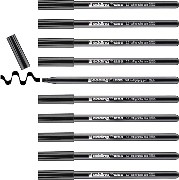 edding 1255 Calligraphy Pen - Black - Box of 10 - Calligraphy Nib 5 mm - Fibre Pen for Paper, Wood, Terracotta, Canvas - Hand Lettering, Bullet journals, Thank You Cards, Calligraphy Books