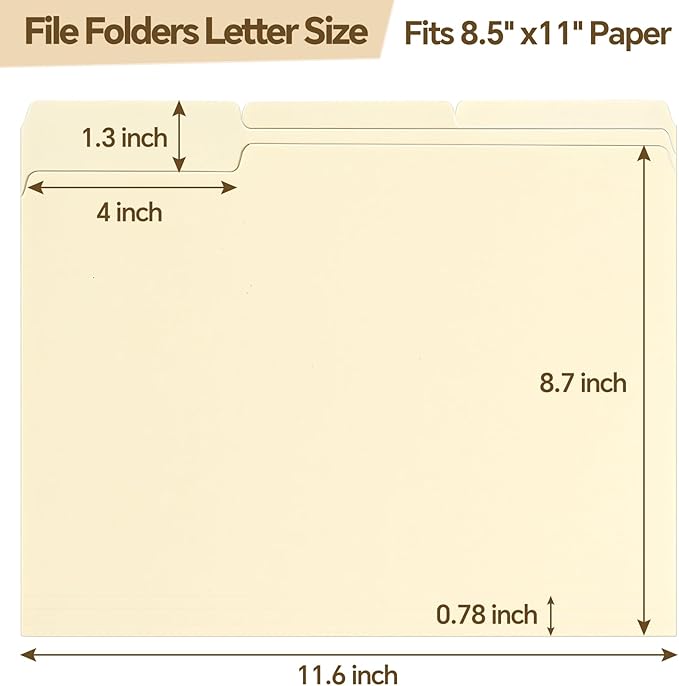 File Folders,100 Pack Manilla Folders 8.5x11,1/3 Cut Tabs Manila File Folders Letter Size for Easy Labeling and Organization,Vanilla Folders Great for Documents Home School Classroom Office Supplies