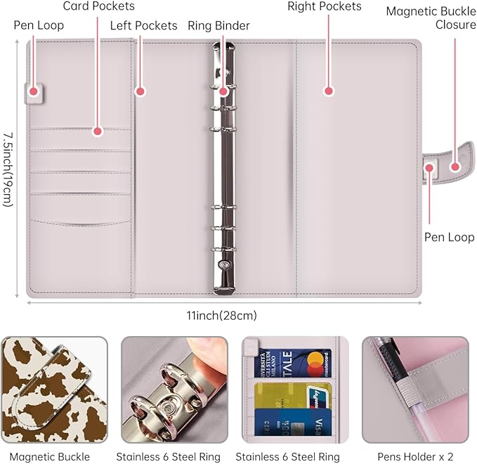 Budget Binder, Cute A6 Money Saving Binder with Zipper Envelopes, PU Leather Money Organizer for Cash, Expense Budget Sheets and Cash Envelopes for Budgeting Retro Brown Cowhide