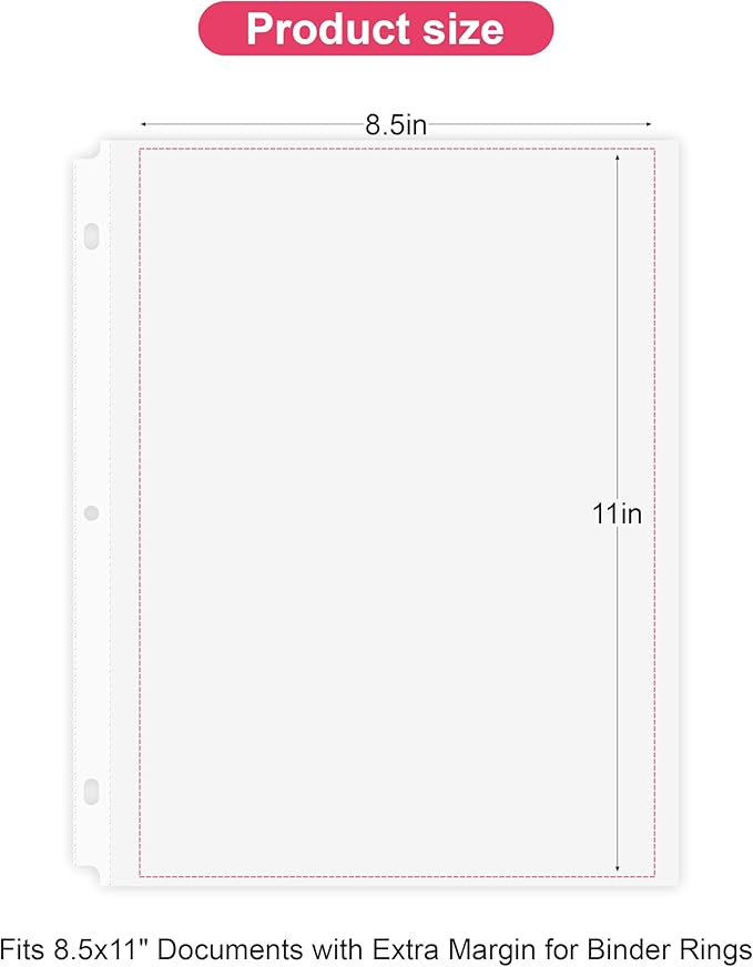 100-Pack Standard Weight Sheet Protectors 8.5"x11" Top-Loading Acid-Free Document Sleeves for School, Office, Home & 3-Ring Binders