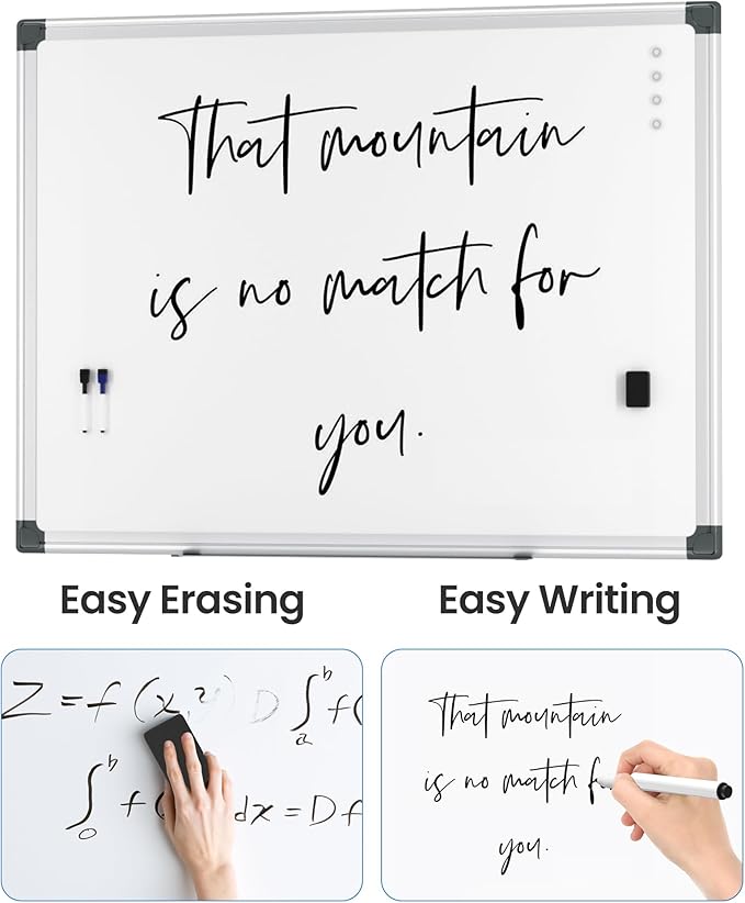 Magnetic White Board Hanging 36" x 48" for Office, Class, Home, Sliver Aluminum Frame, 1 Dry-Erase Eraser, 2 Multicolor Marker, 4 Magnetic Pins, Students, Teachers
